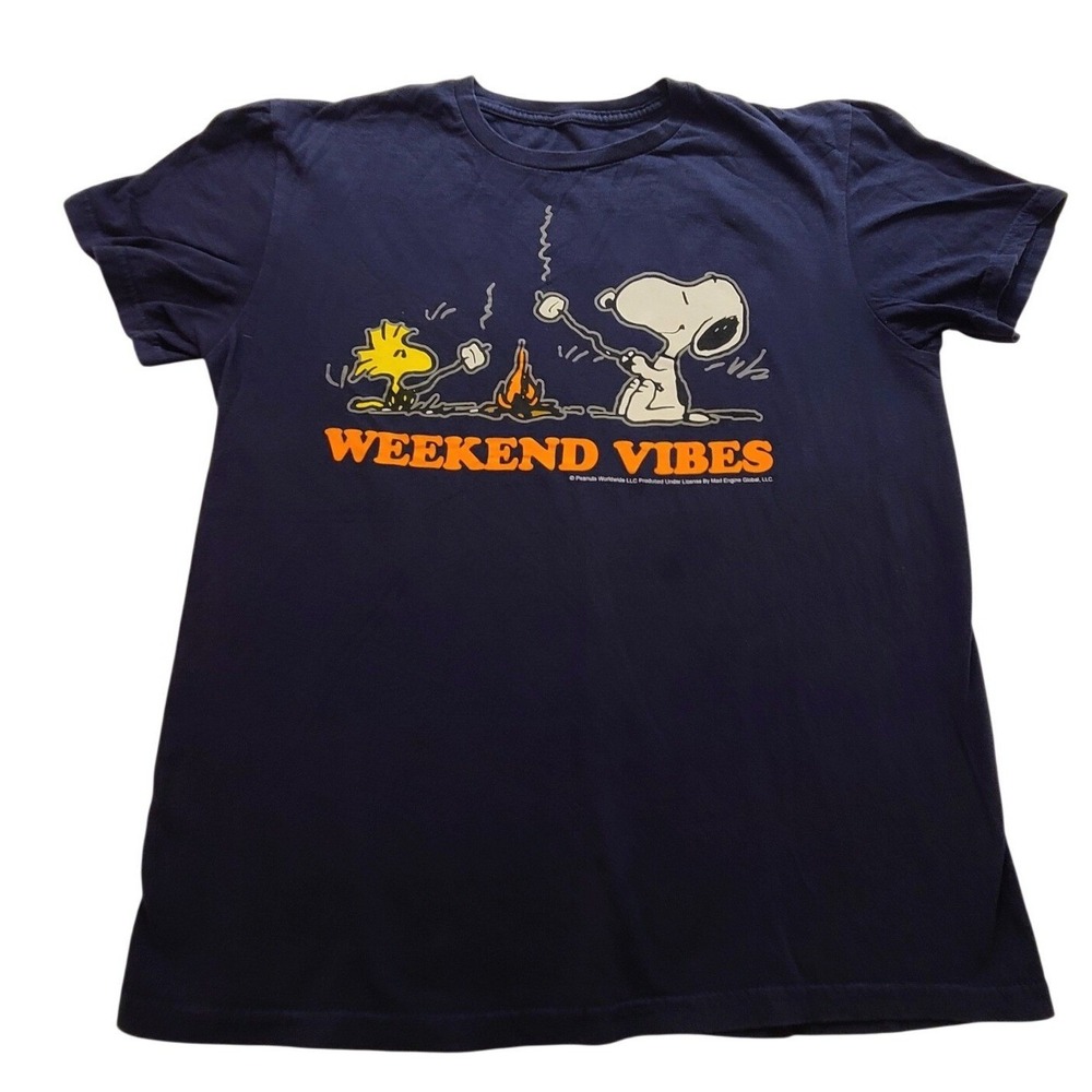 Peanuts Snoopy Woodstock Weekend Vibes Graphic TShirt Navy Blue Large Mad Engine